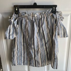 Striped crop cold shoulder cotton linen blouse shirt top * DISCOUNTED SHIPPING*